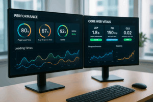 Tableau de bord de surveillance Core Web Vitals avec indicateurs de performance et données en temps réel