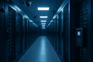 Centre de données sécurisé avec contrôle d'accès et surveillance modernes