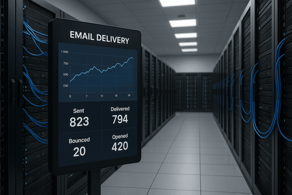 Datacenter moderne avec serveurs et réseaux pour la déliverabilité du courrier électronique
