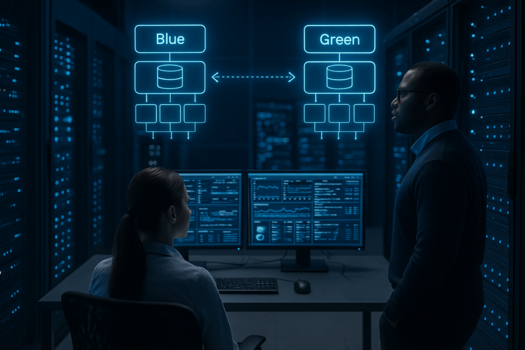 Salle de serveurs moderne avec monitoring pour le déploiement et l'hébergement en temps zéro