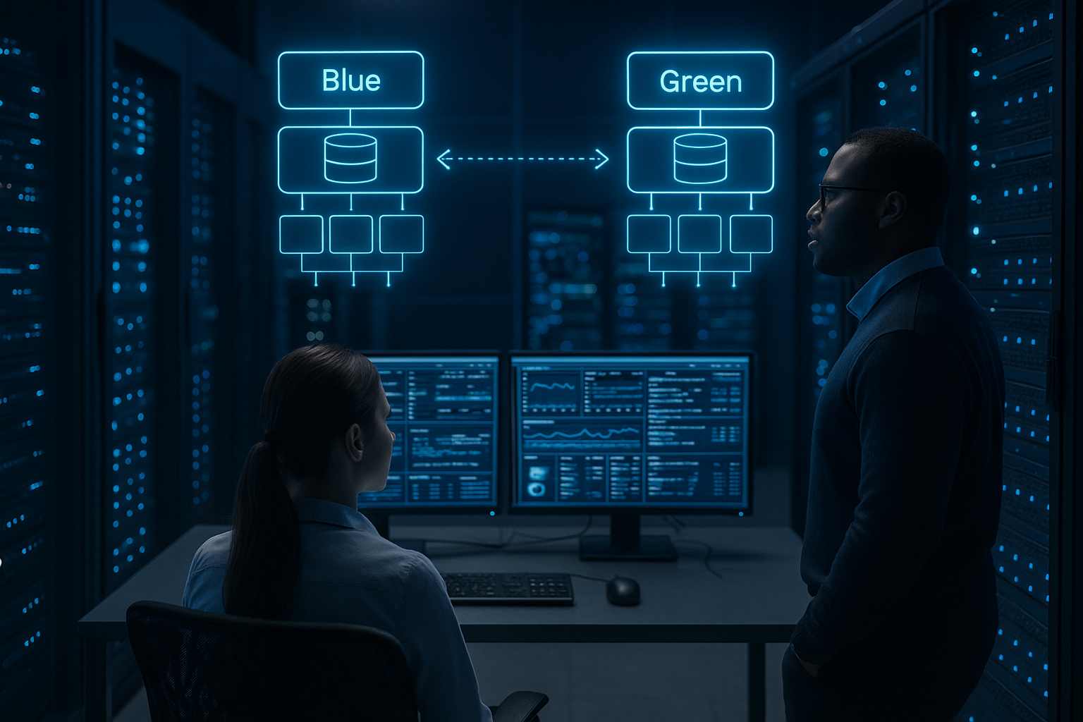 Salle de serveurs moderne avec monitoring pour le déploiement et l'hébergement en temps zéro