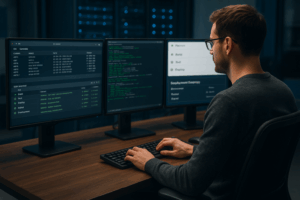 Développeur avec plusieurs moniteurs montre SSH, Git et les processus de déploiement CI/CD