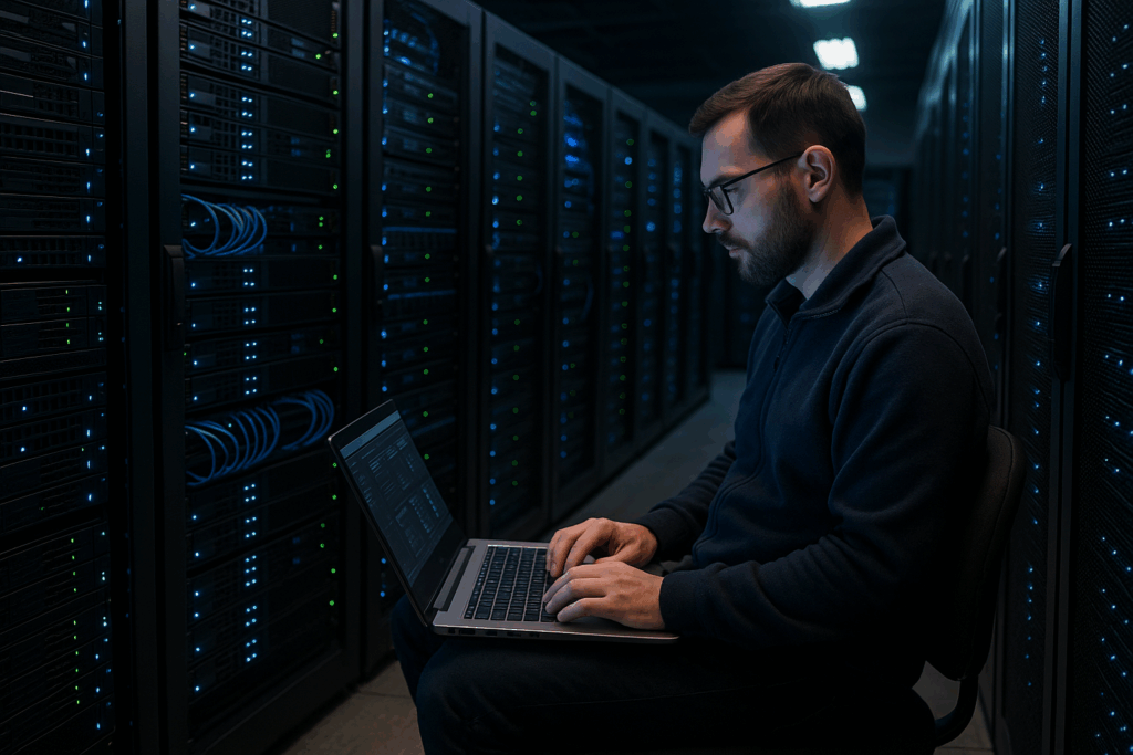 Un administrateur réseau moderne surveille le panneau d'hébergement Web dans la salle des serveurs.