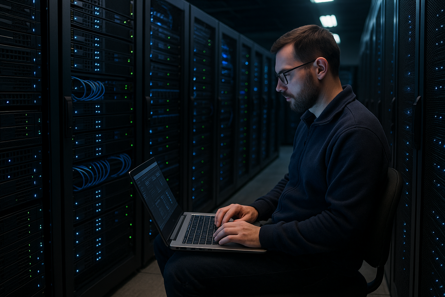 Un administrateur réseau moderne surveille le panneau d'hébergement Web dans la salle des serveurs.