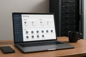 Représentation photoréaliste d'un panneau d'hébergement web DirectAdmin sur un ordinateur portable avec serveur