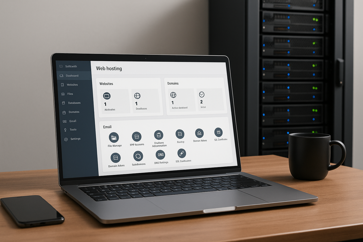 Représentation photoréaliste d'un panneau d'hébergement web DirectAdmin sur un ordinateur portable avec serveur