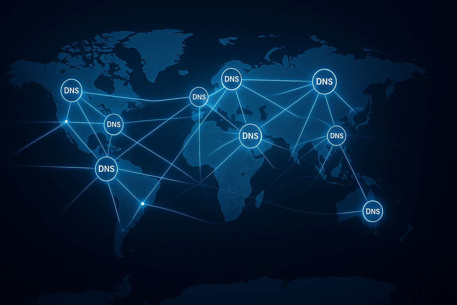 Réseau mondial avec serveurs DNS distribués et connexions de routage Anycast