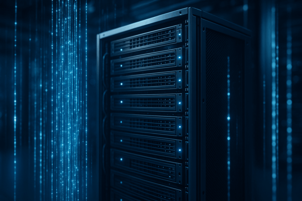 Rack de serveurs abstrait et photoréaliste avec flux de données et cryptage