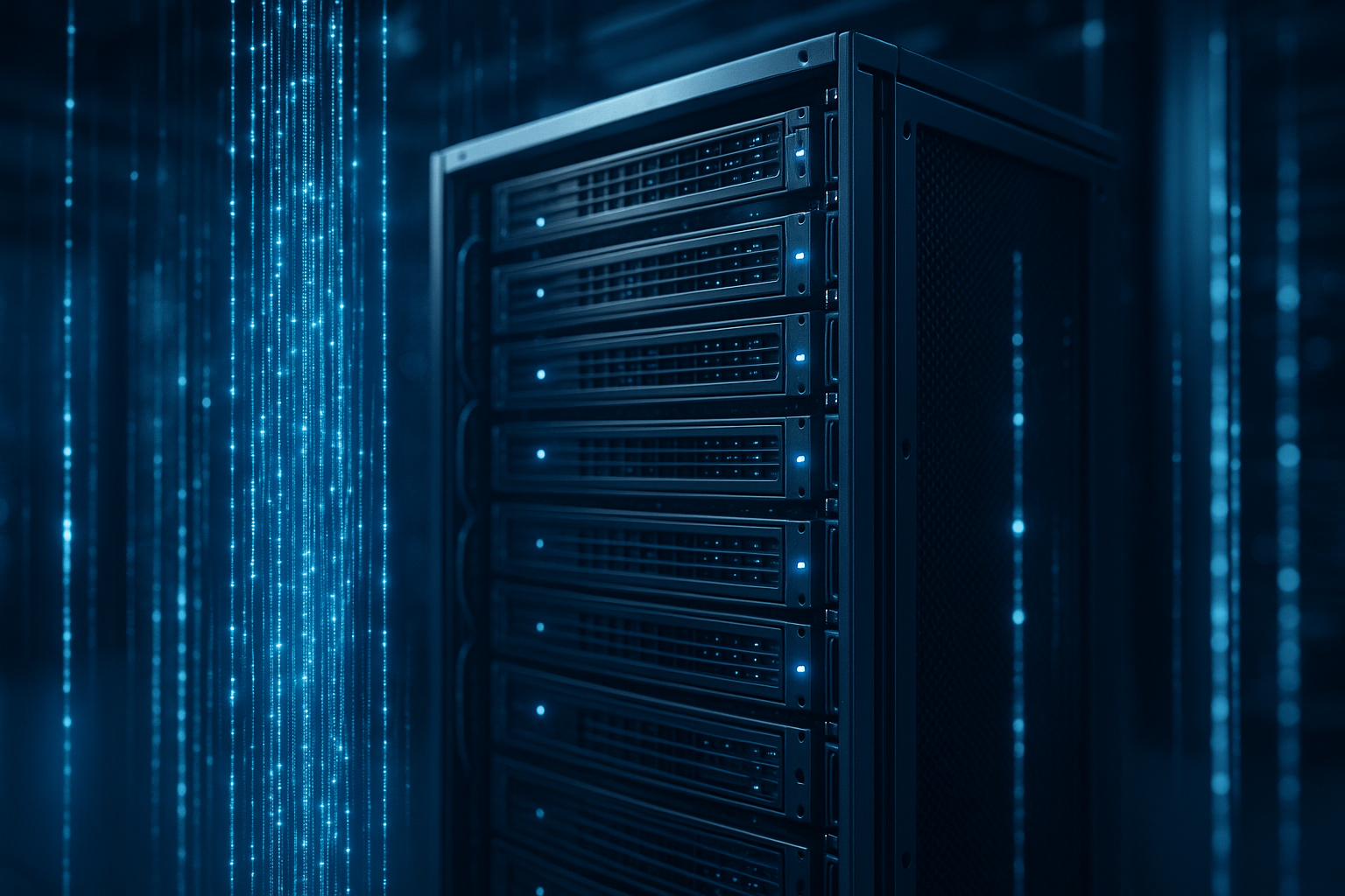 Rack de serveurs abstrait et photoréaliste avec flux de données et cryptage
