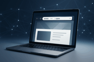 Changement de domaine sur l'ordinateur portable symbolique avec nouvelle URL, transition technique sans heurts