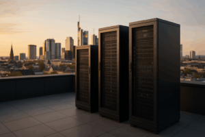 Architecture de serveur de périphérie avec racks de serveurs devant une grande ville, en réseau et moderne
