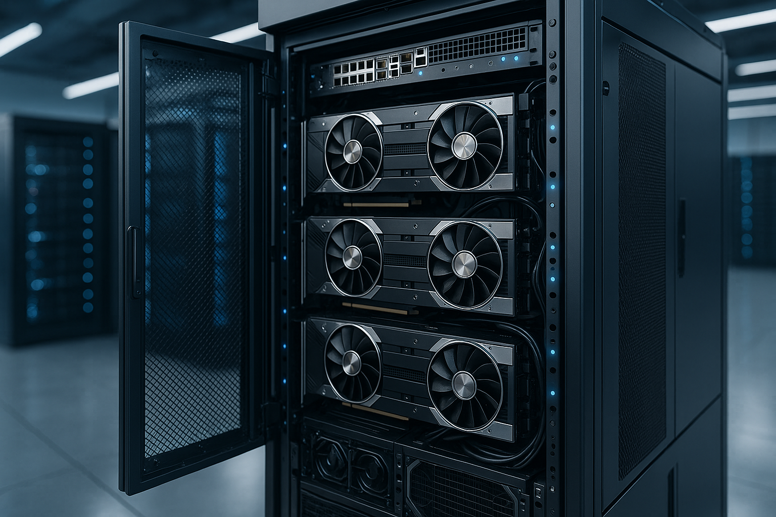 Serveurs GPU modernes dans les datacenters pour l'hébergement d'IA et de ML