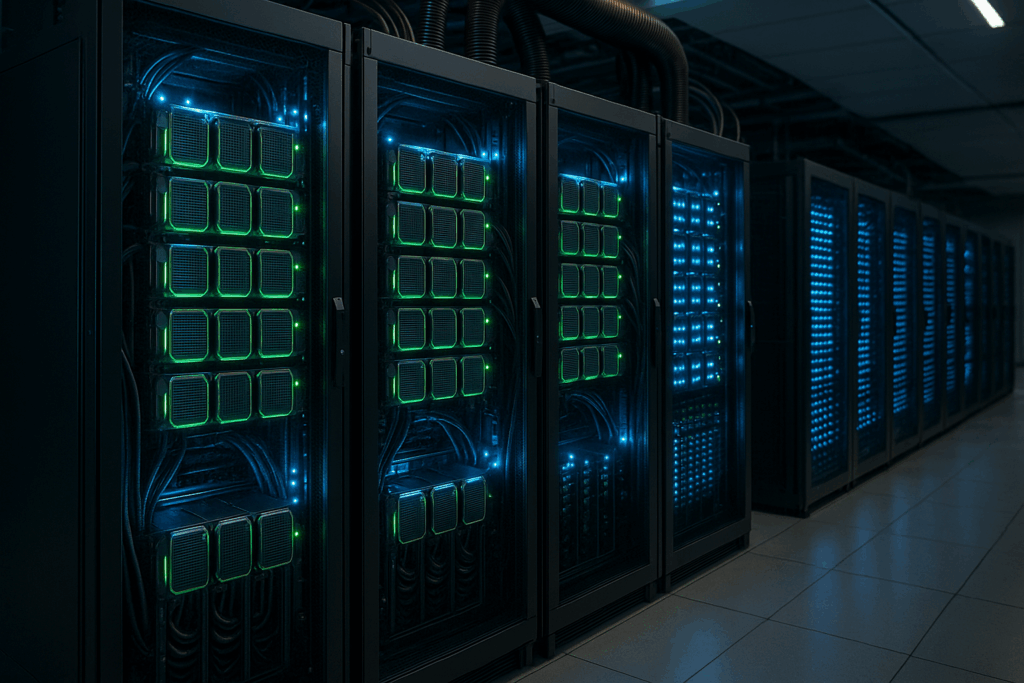 Serveur GPU dans un centre de données moderne avec éclairage LED