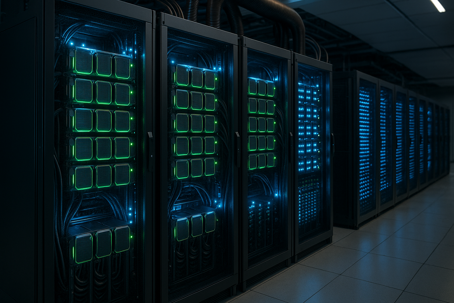Serveur GPU dans un centre de données moderne avec éclairage LED