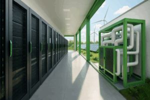 Centre de données écologique moderne et économe en énergie, alimenté par l'énergie éolienne et solaire.