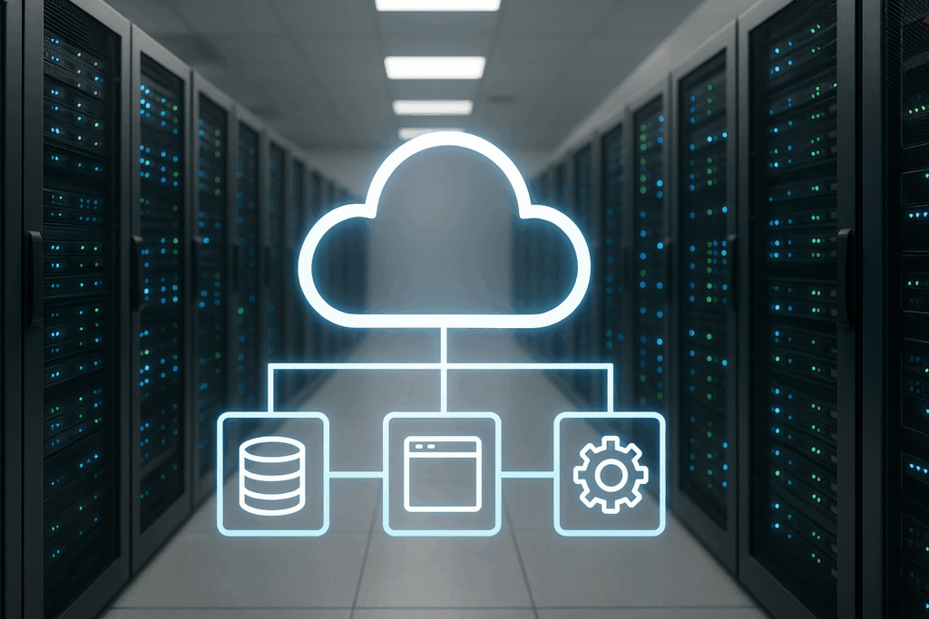 Centre de données moderne avec racks de serveurs et symbole de cloud abstrait pour le commerce électronique sans tête