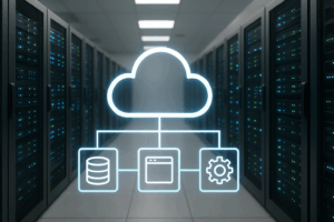 Centre de données moderne avec racks de serveurs et symbole de cloud abstrait pour le commerce électronique sans tête