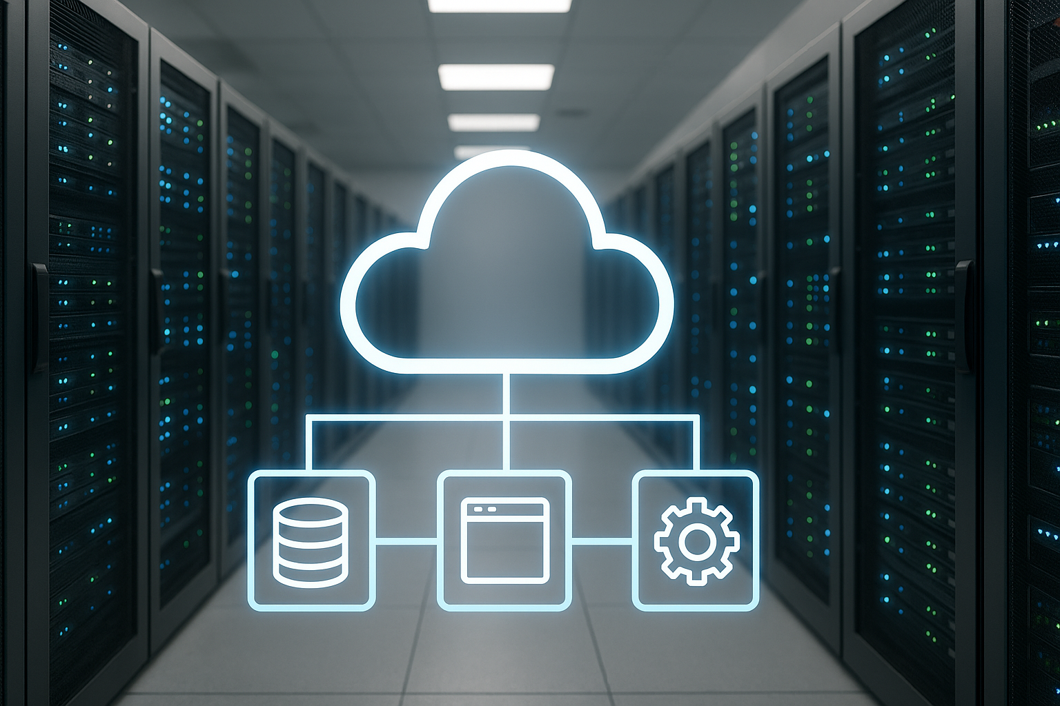 Centre de données moderne avec racks de serveurs et symbole de cloud abstrait pour le commerce électronique sans tête