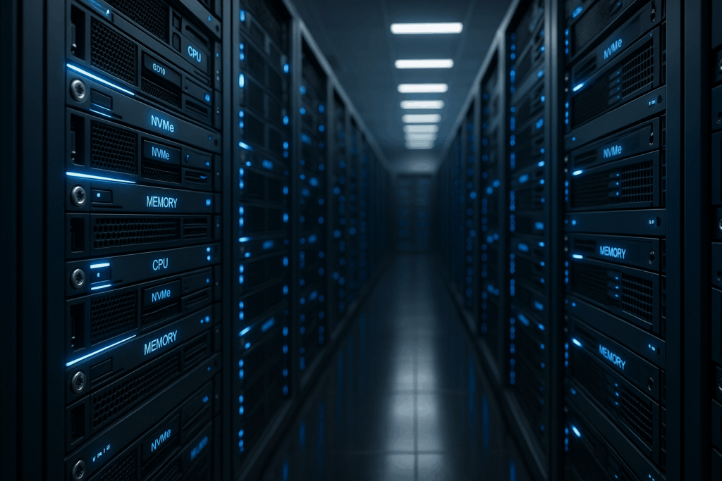 Salle de serveurs avec matériel haute performance, CPU visible, NVMe, mémoire