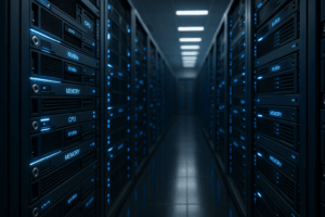 Salle de serveurs avec matériel haute performance, CPU visible, NVMe, mémoire