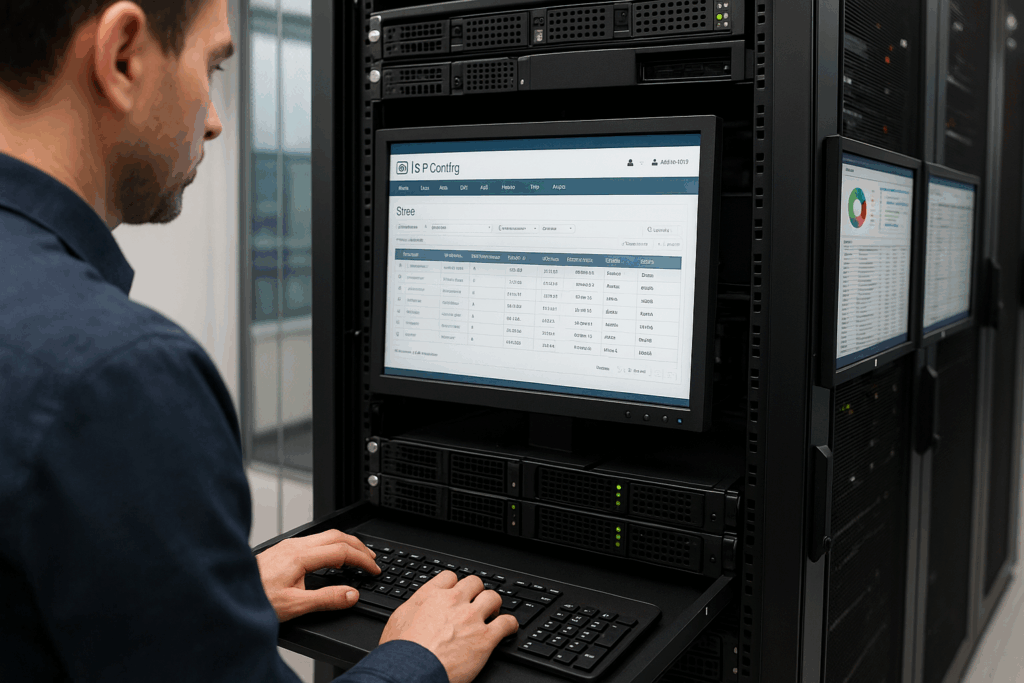 Centre de données avec serveurs et gestion de l'hébergement open source sur écran