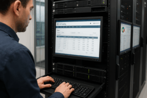Centre de données avec serveurs et gestion de l'hébergement open source sur écran