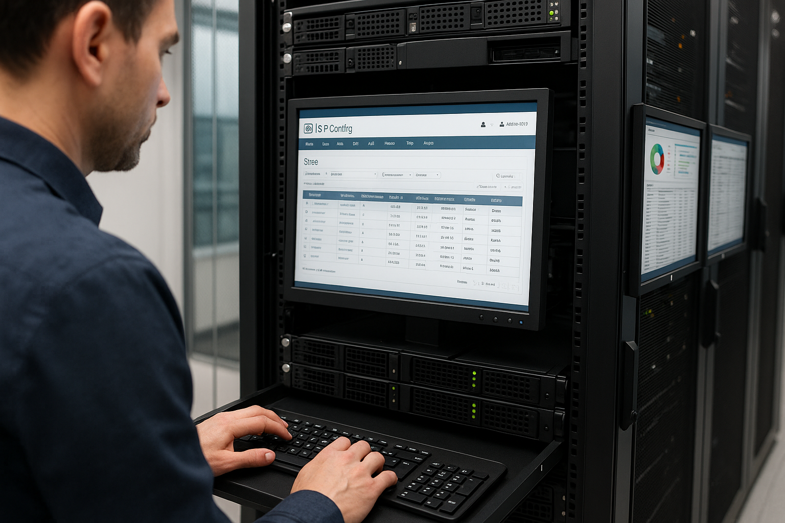 Centre de données avec serveurs et gestion de l'hébergement open source sur écran