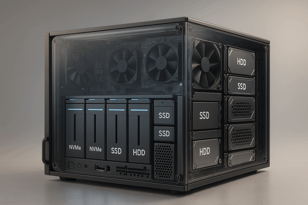 Un centre de données moderne avec une architecture de stockage hybride composée de NVMe, SSD et HDD
