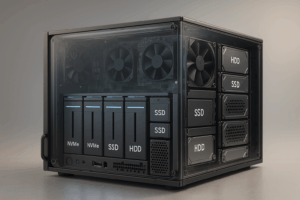 Un centre de données moderne avec une architecture de stockage hybride composée de NVMe, SSD et HDD