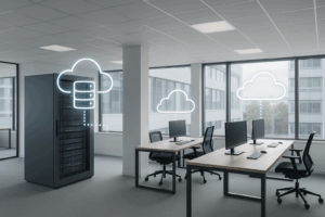 Une agence moderne avec une infrastructure cloud hybride et une salle de serveurs