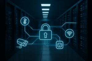 Centre de données avec serveurs IoT et infrastructure réseau sécurisée