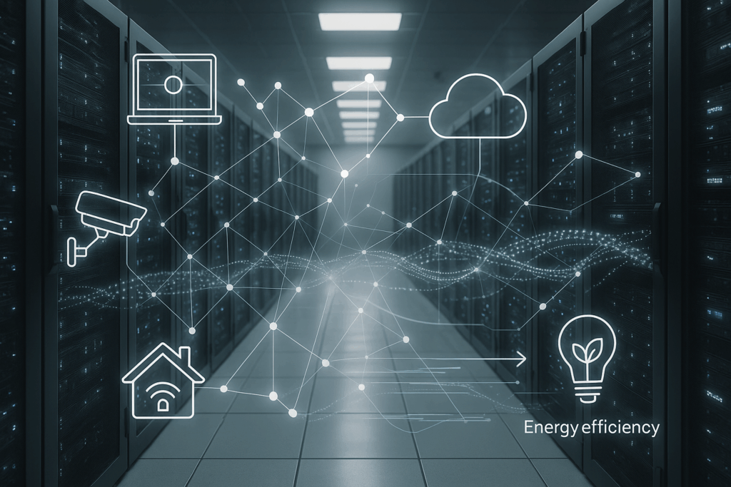 Centre de données avec connexions IoT et infrastructure moderne
