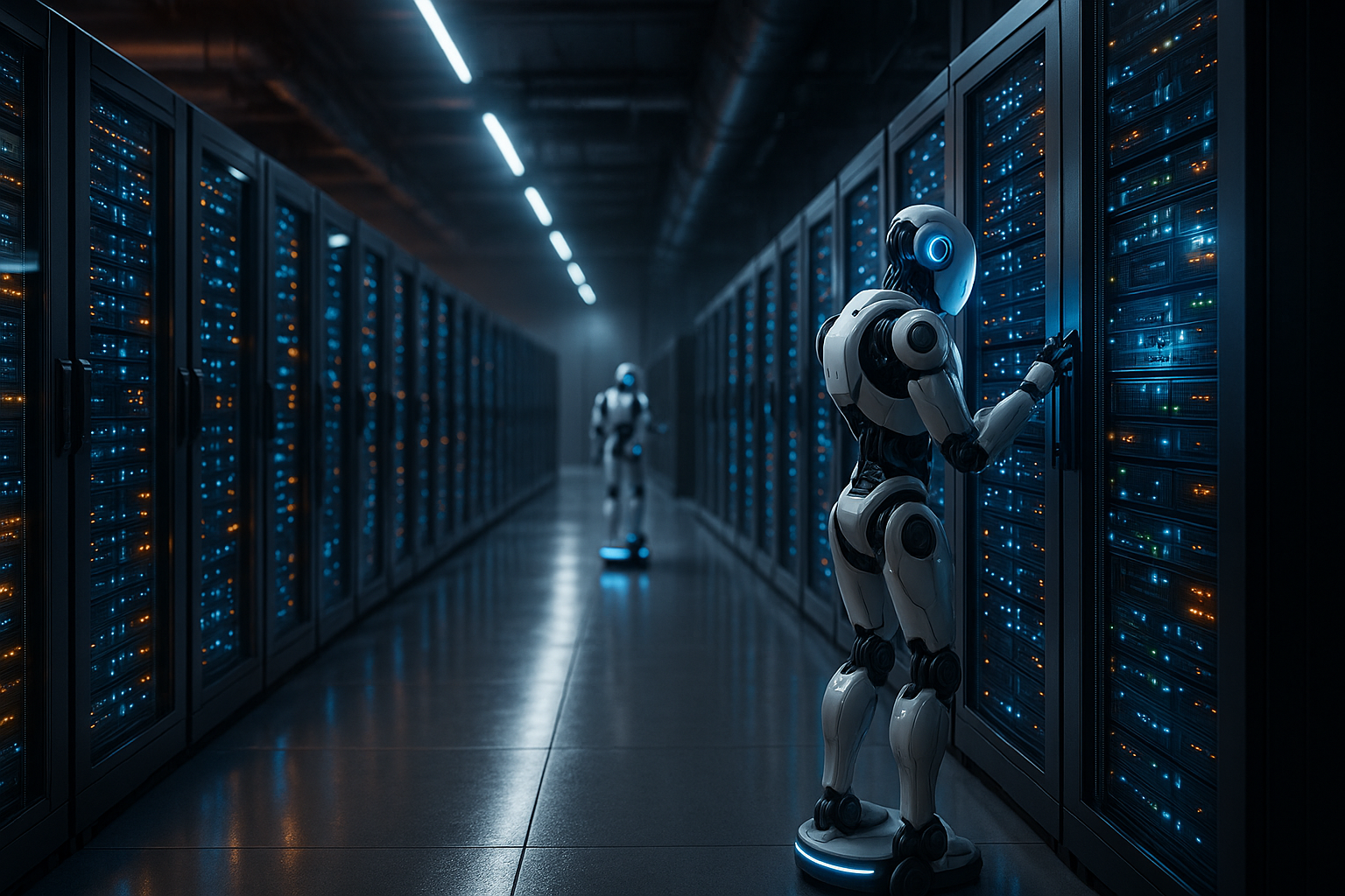 Rack de serveurs avec systèmes d'IA et maintenance automatisée active dans le centre de données