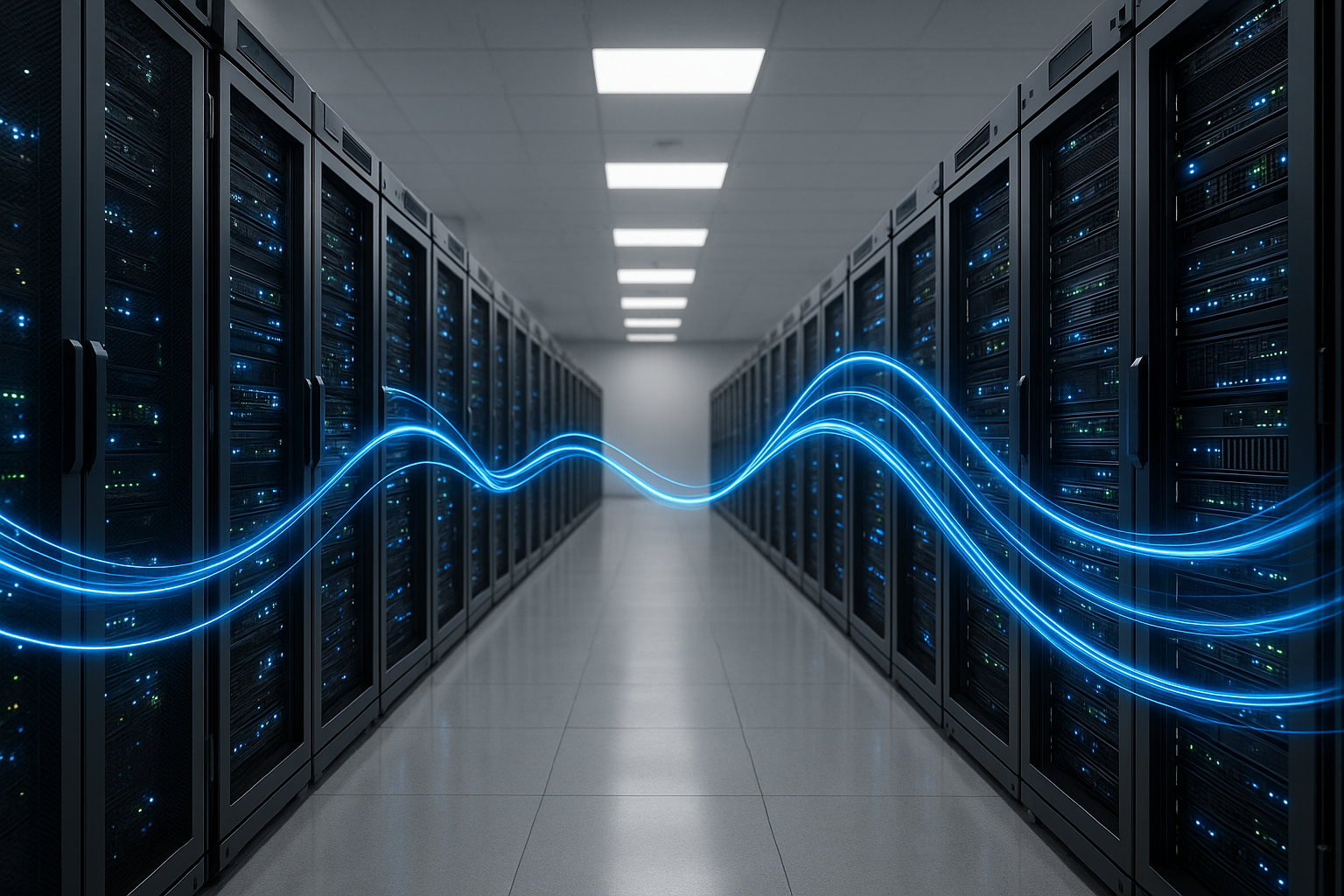 Salle de serveurs avec des serveurs modernes à haute performance en action, optimisés pour des temps de chargement rapides