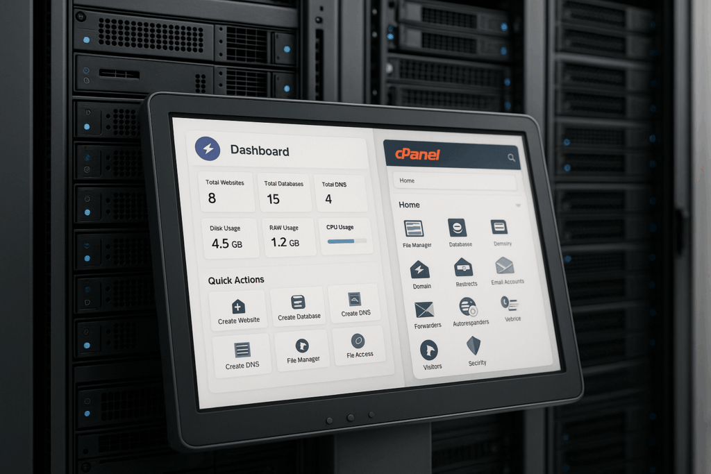 Rack de serveur avec interfaces utilisateur de cPanel et CyberPanel avec caractères LiteSpeed.