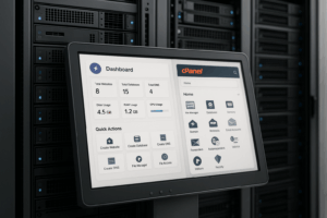 Rack de serveur avec interfaces utilisateur de cPanel et CyberPanel avec caractères LiteSpeed.