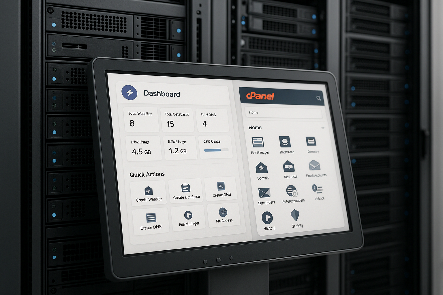 Rack de serveur avec interfaces utilisateur de cPanel et CyberPanel avec caractères LiteSpeed.