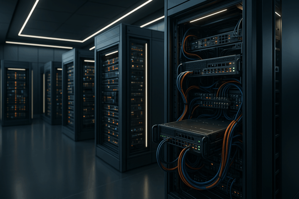 Vue photoréaliste d'une salle de serveurs modulaire pour un hébergement moderne de microservices