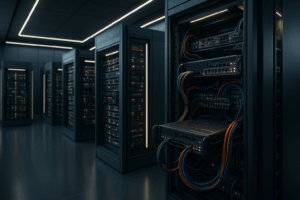 Vue photoréaliste d'une salle de serveurs modulaire pour un hébergement moderne de microservices