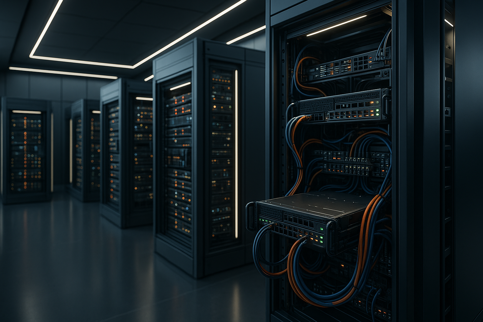 Vue photoréaliste d'une salle de serveurs modulaire pour un hébergement moderne de microservices