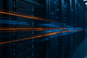 Des serveurs modernes dans le centre de données avec des flux de données rapides et colorés symbolisant l'efficacité des performances HTTP/3 Push et Preload