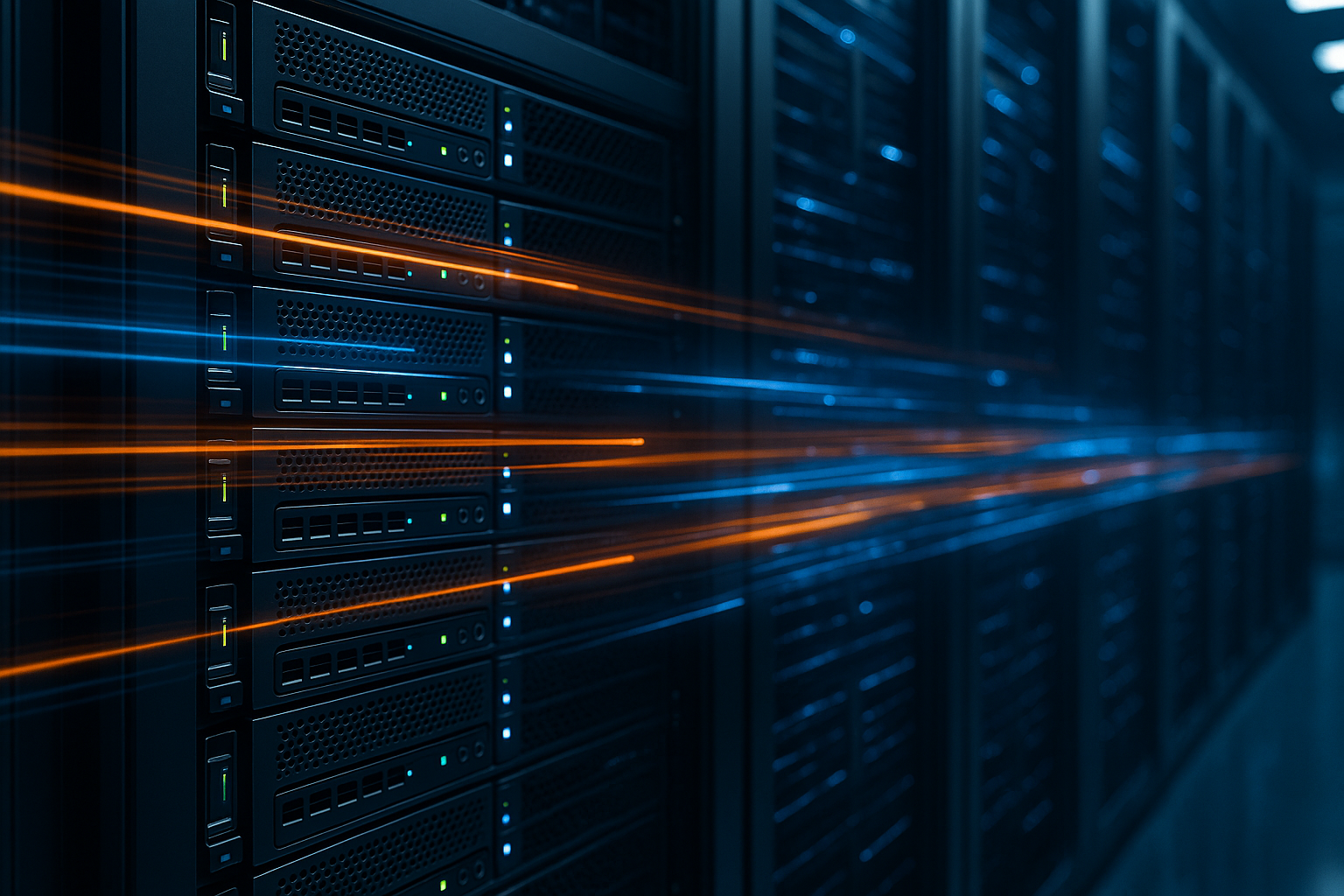 Des serveurs modernes dans le centre de données avec des flux de données rapides et colorés symbolisant l'efficacité des performances HTTP/3 Push et Preload