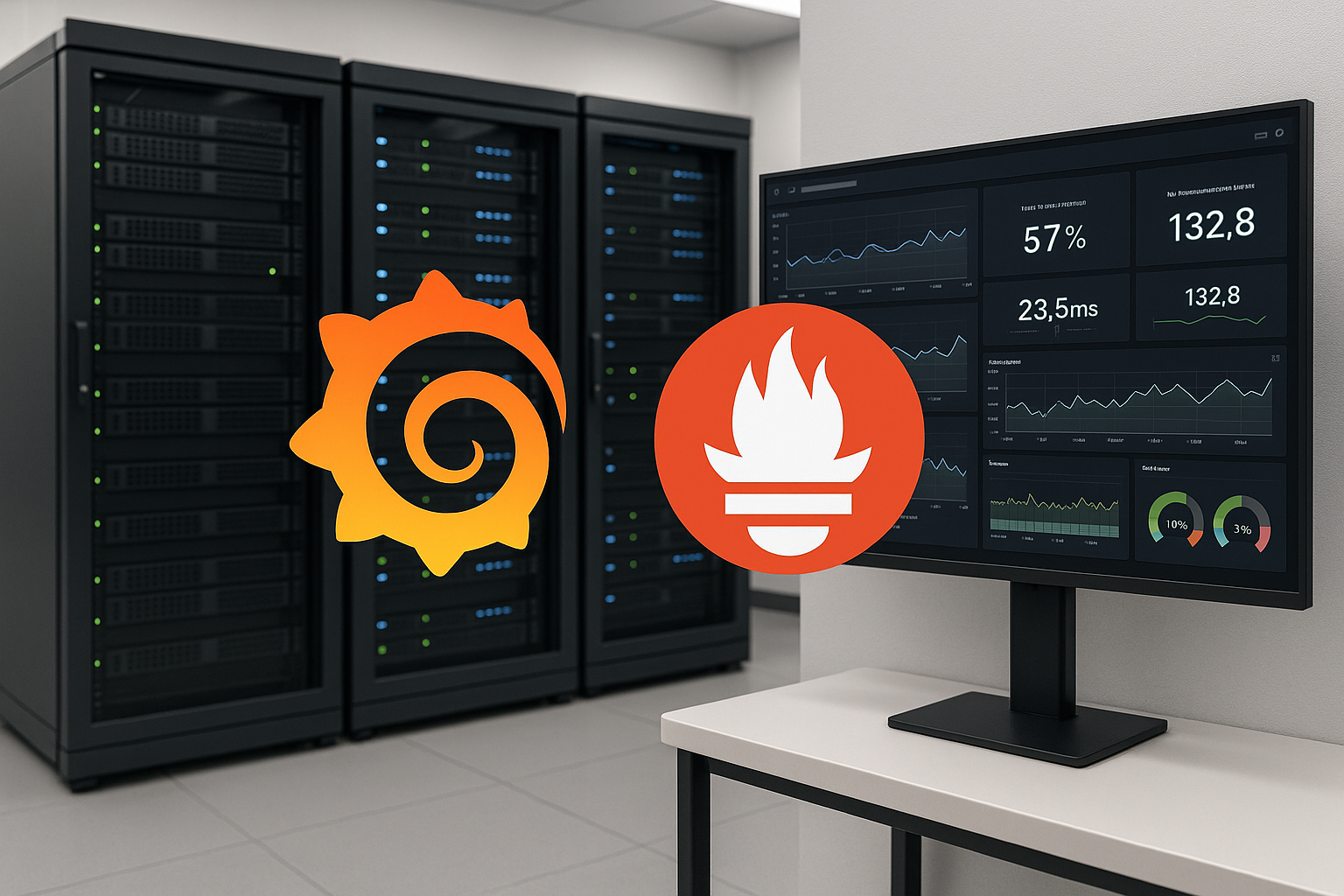 Visualisation d'une pile de surveillance pour l'hébergement avec des racks de serveurs et des tableaux de bord