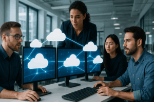 Plusieurs icônes Cloud se connectent via des écrans dans un bureau de développement moderne.