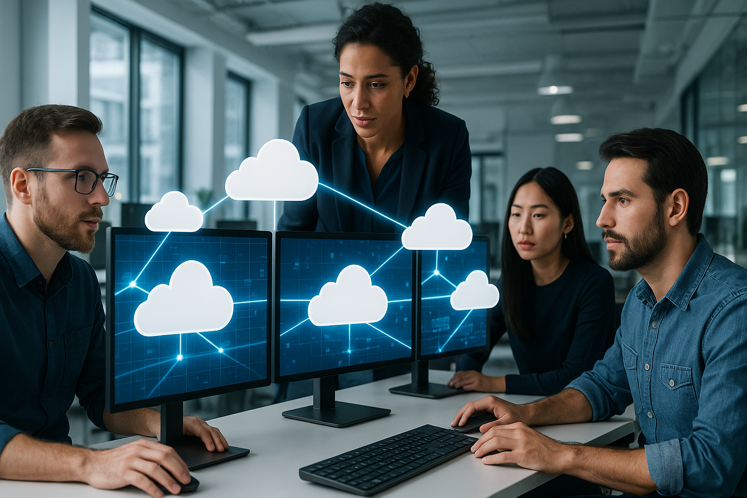 Plusieurs icônes Cloud se connectent via des écrans dans un bureau de développement moderne.