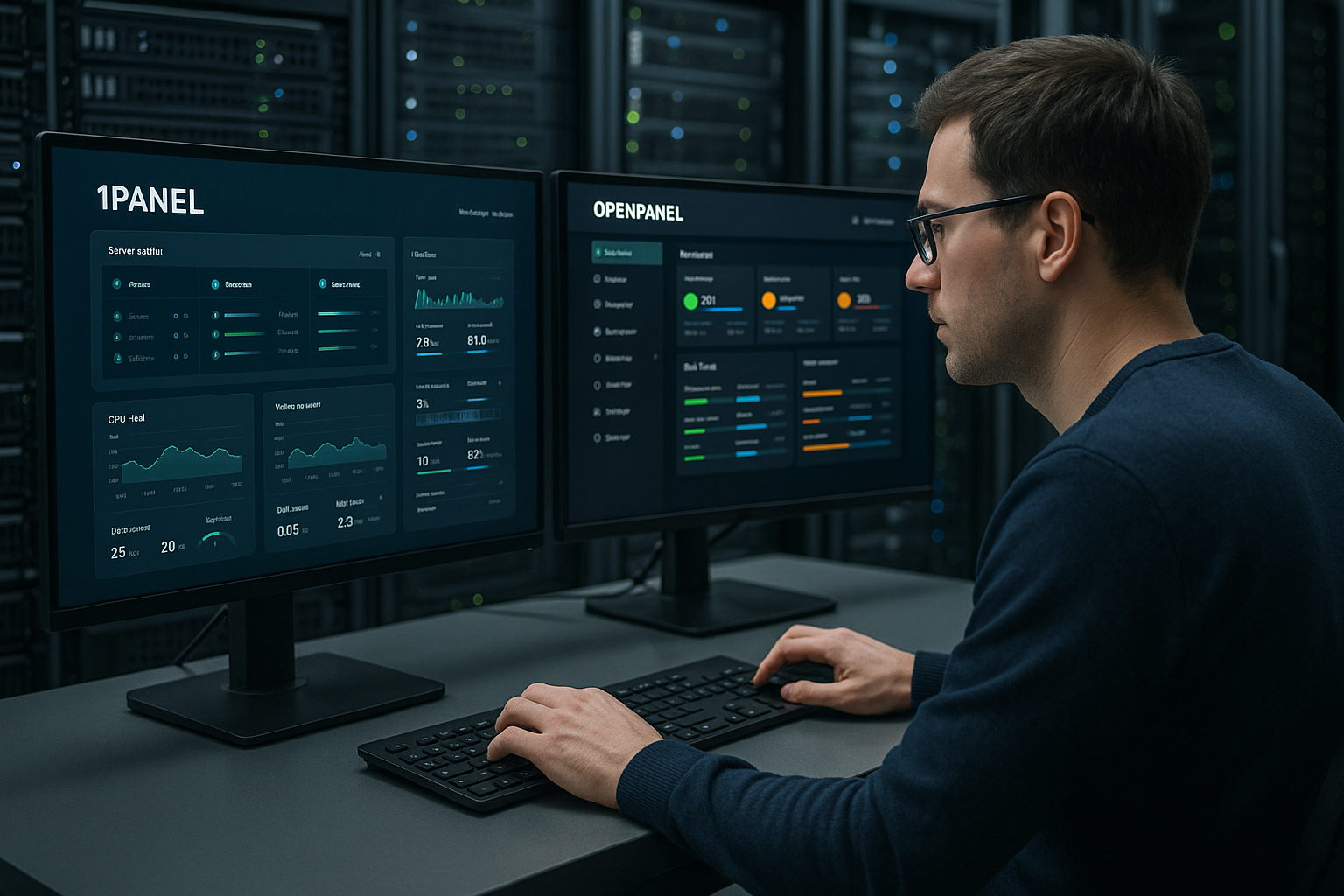 Environnement serveur moderne avec panneaux de commande numériques pour 1Panel et OpenPanel