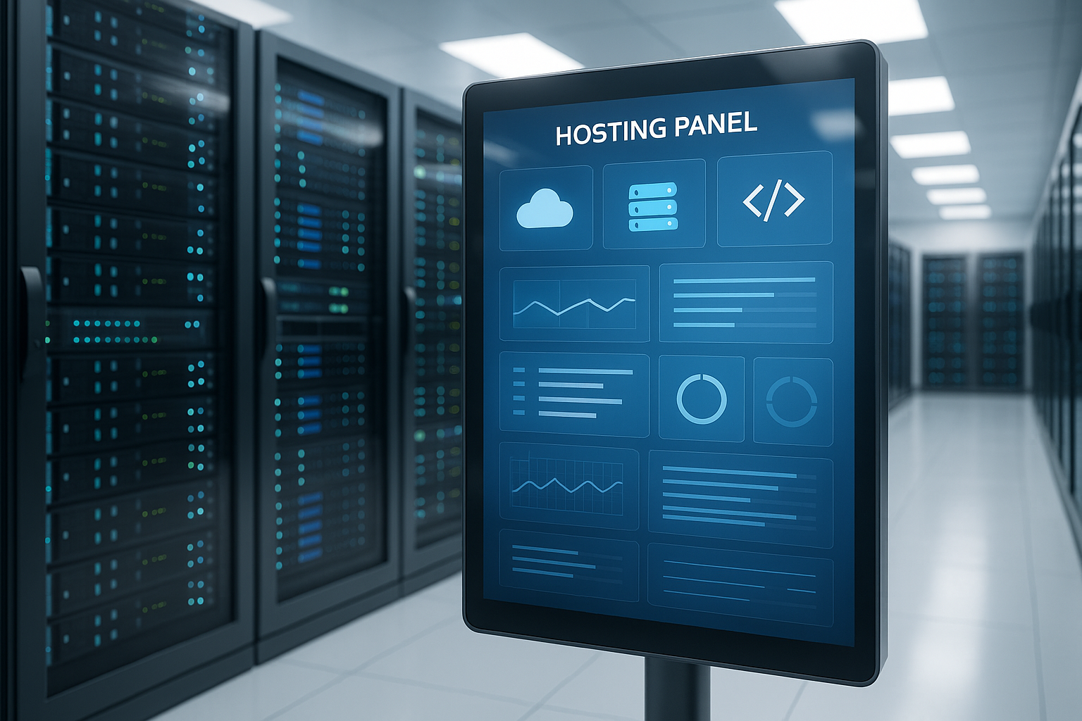 Panneau de contrôle d'hébergement moderne sur écran tactile dans la salle des serveurs