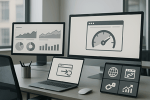 Représentation photoréaliste d'un bureau web avec une landing page ouverte et un indicateur de chargement rapide