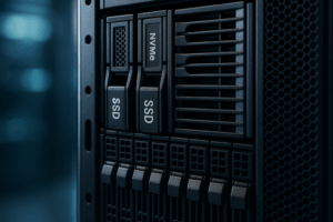 Rack de serveurs dans un centre de données avec disques NVMe, SSD et HDD, gros plan.