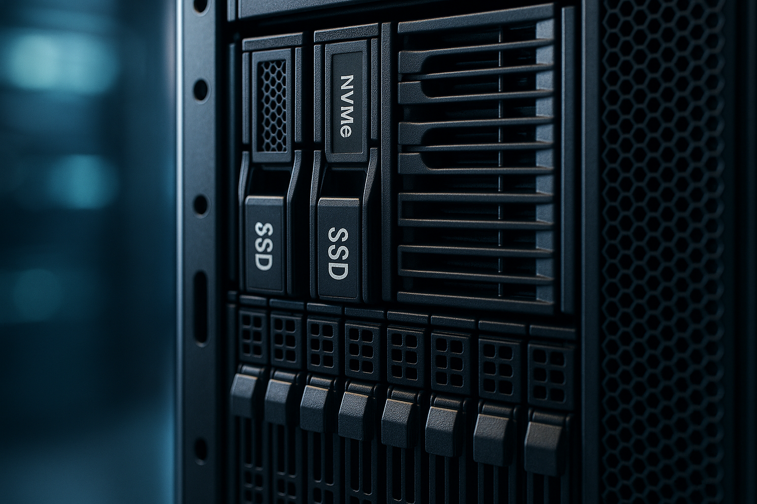 Rack de serveurs dans un centre de données avec disques NVMe, SSD et HDD, gros plan.